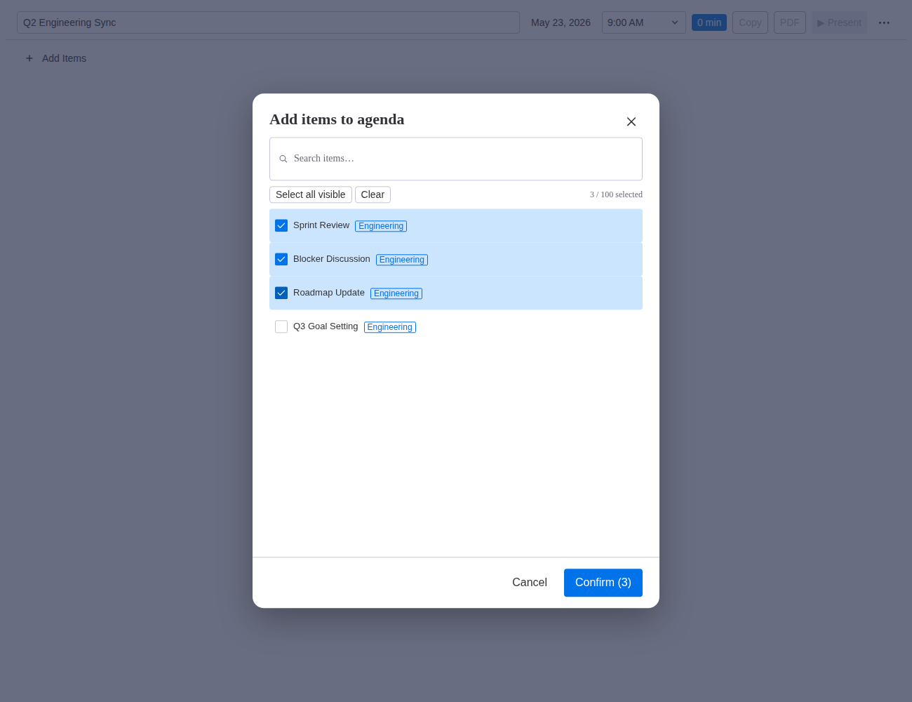 Item picker dialog showing board items with checkboxes