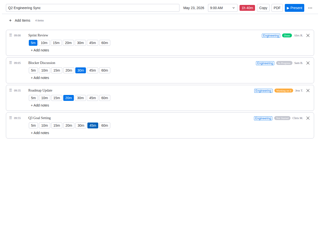 Build a timed agenda from your board items